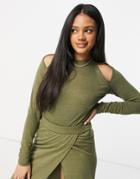 Unique21 Knit Cut Out Long Sleeve Top In Burnt Khaki-green