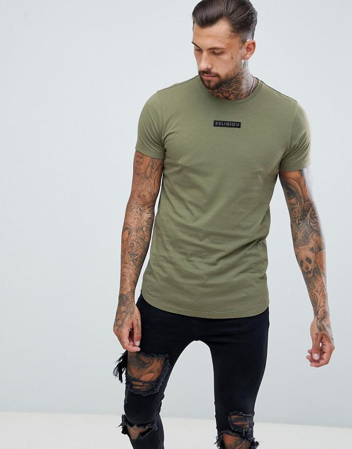 Religion Muscle Fit T-shirt With Curved Hem In Khaki - Green