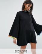 Rokoko Long Sleeve Swing Dress With Rainbow Pom Pom Trim - Black