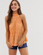 Asos Design Pleated Trapeze Halter Top In Broderie - Pink