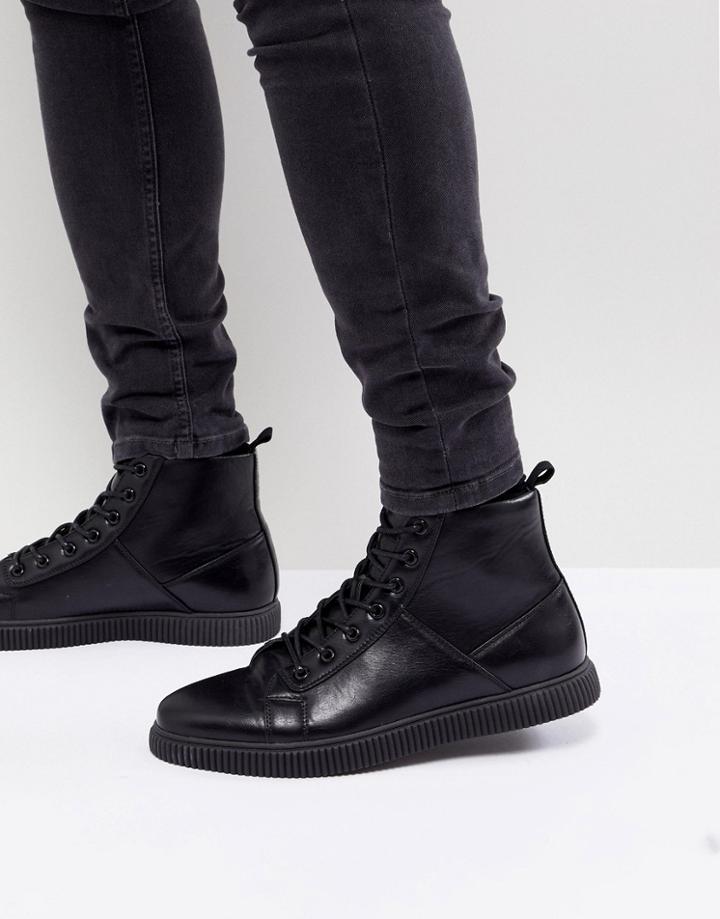 Asos Design Creeper Lace Up Boot In Black Faux Leather - Black