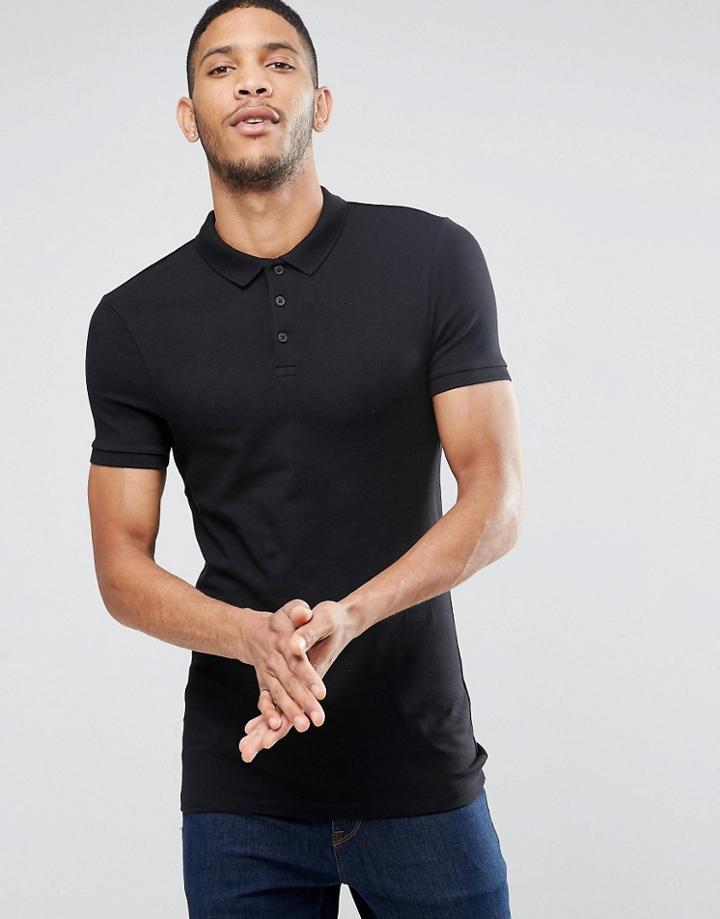 Asos Longline Muscle Polo In Black - Black