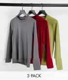 Asos Design 3-pack Muscle Fit Long Sleeve T-shirt-multi