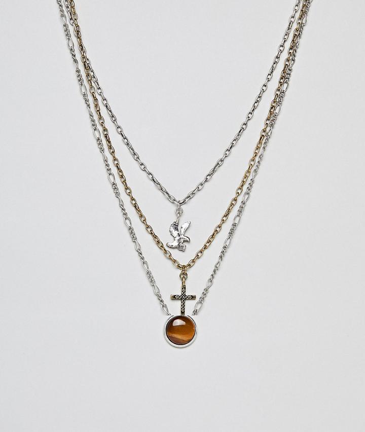 Sacred Hawk Multi Row Necklace Pack With Tigerseye And Cross - Silver
