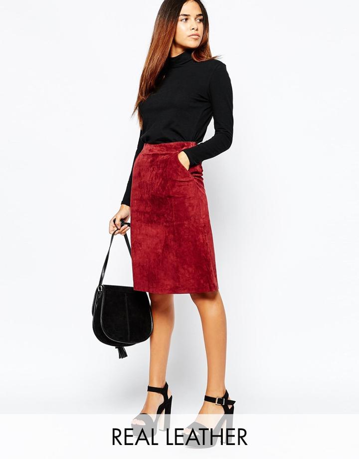 Warehous Suede Midi Skirt - Berry