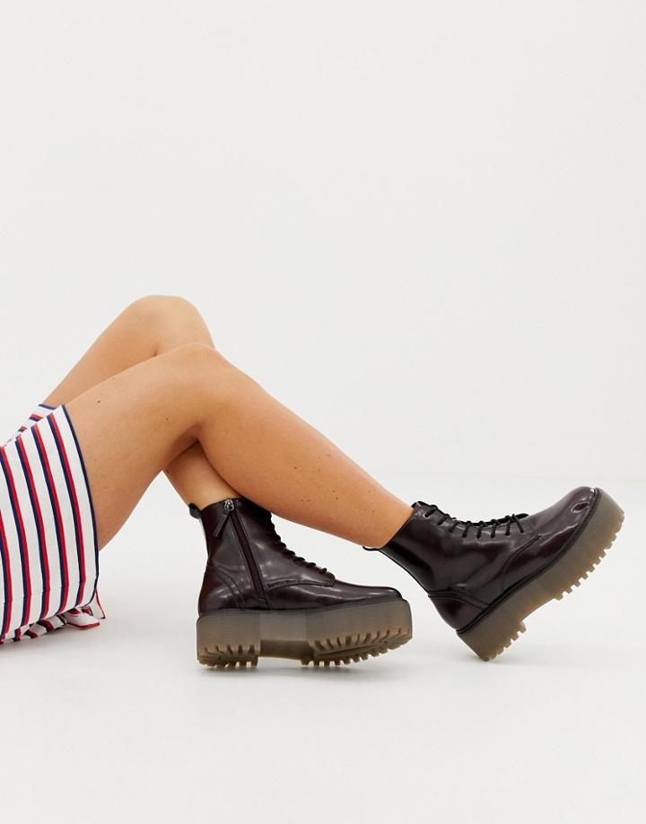 Bershka Chunky Lace Up Boot - Red