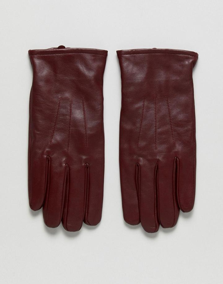 Asos Leather Gloves In Burgundy - Red