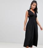 Asos Design Petite Ruched Waist Plunge Jumpsuit - Black