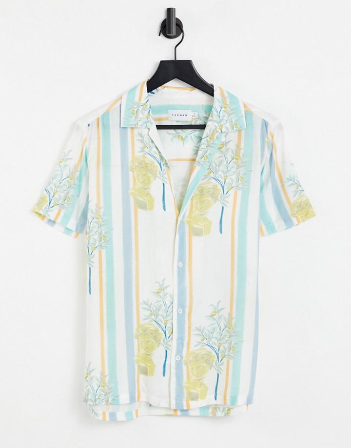 Topman Deep Revere Statue Print Viscose Shirt In White