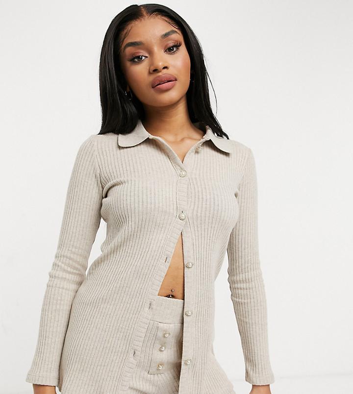 River Island Petite Ribbed Jersey Shirt In Oatmeal - Part Of A Set-white