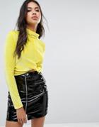 Boohoo Knot Front High Neck Velvet Top - Yellow