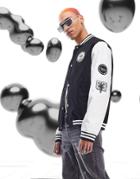 Asos Design Oversized Varsity Jacket In Black With Badging And Contrast Sleeves