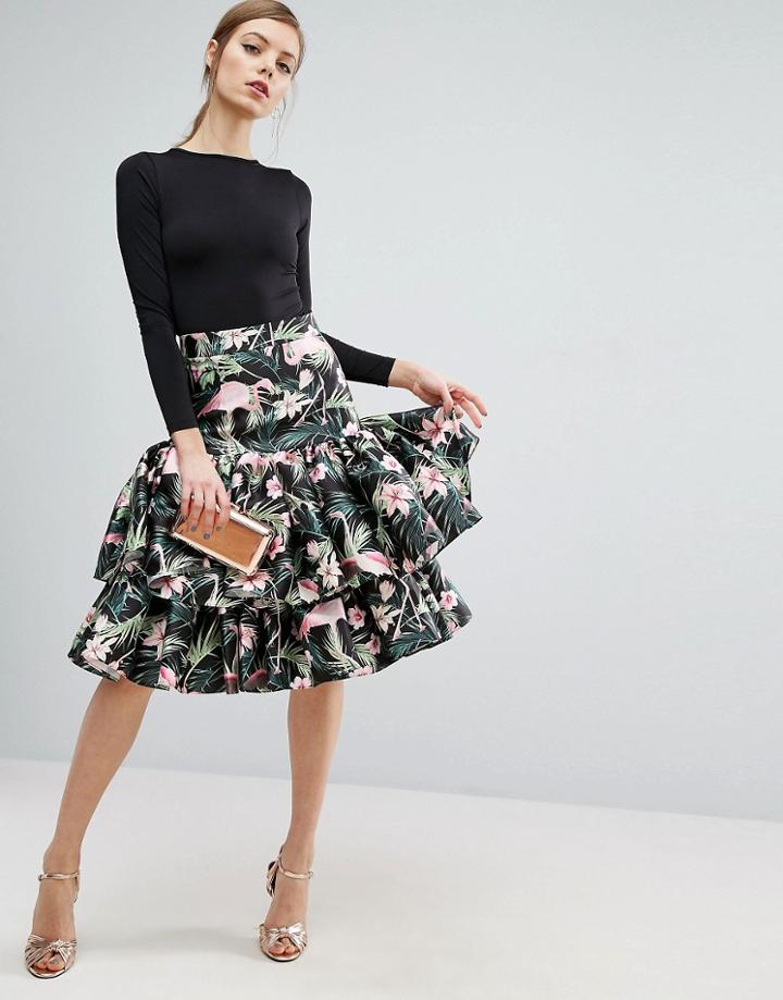 Asos Prom Skirt In Flamingo With Ruffle Hem - Multi
