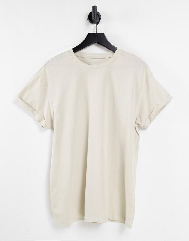 New Look Organic Cotton Roll Sleeve T-shirt In Stone-neutral