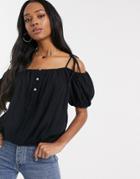 Asos Design Cold Shoulder Top With Puff Sleeve In Black