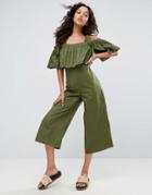 Asos Jumpsuit In Cotton With Tie Shoulder Detail - Green