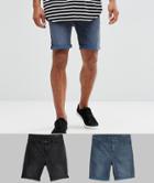 Asos 2 Pack Skinny Denim Shorts With Abrasions In Washed Black And Smokey Blue - Multi