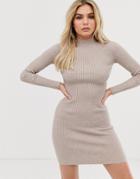 Asos Design Ribbed Knit Mini Dress With Raglan Sleeve - Stone