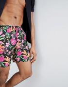 Asos Design Swim Shorts In Black With Bright Floral Print In Mid Length - Black