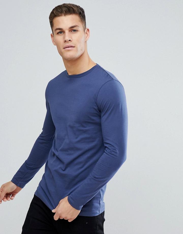 Asos Longline Crew Neck T-shirt With Long Sleeves In Blue - Blue
