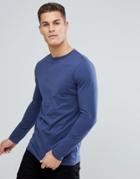 Asos Longline Crew Neck T-shirt With Long Sleeves In Blue - Blue