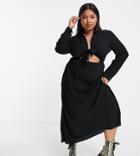 Asos Design Curve Cut Out Midi Shirt Dress With Knot Front Detail In Black