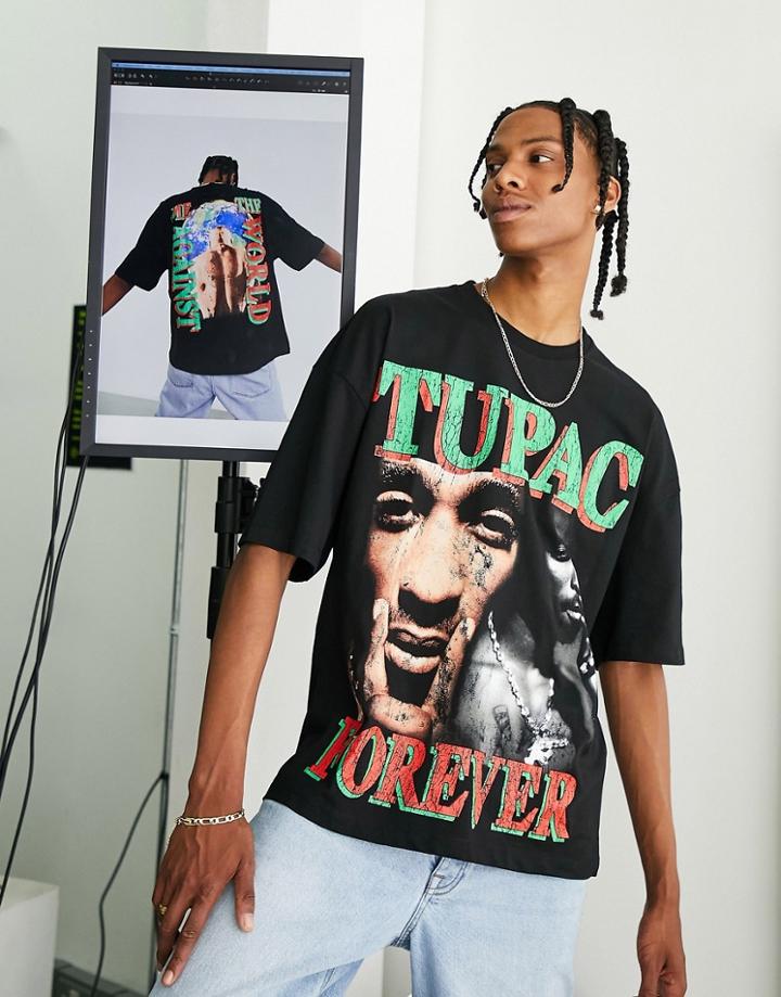Bershka X Tupac Printed T-shirt In Black