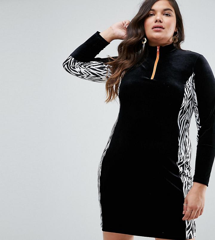 Asos Curve Velvet Track Dress With Zebra Panel - Multi
