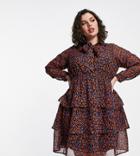 Yours Tiered Pussybow Tunic Mini Dress In Purple Floral