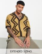 Asos Design Knit Button Through Polo With Zigzag Design-brown