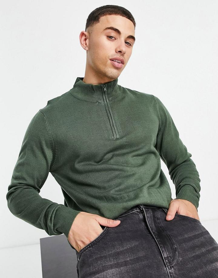 Threadbare Soft Touch Quarter Zip Funnel Neck Sweater In Thyme-green