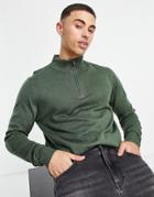 Threadbare Soft Touch Quarter Zip Funnel Neck Sweater In Thyme-green