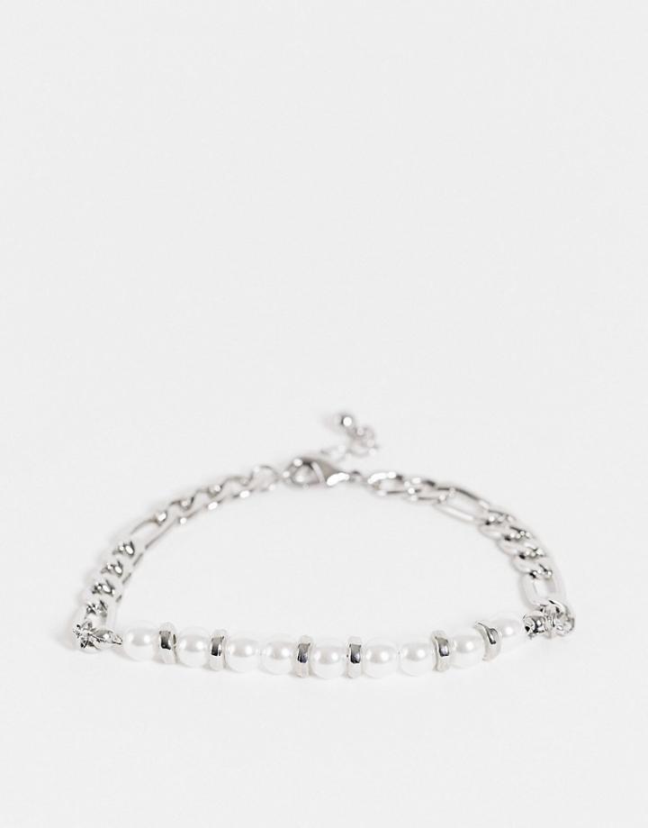 Asos Design Figaro Chain Bracelet With White Faux Pearl In Silver Tone
