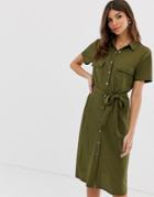 Vila Utility Button Through Midi Shirt Dress In Khaki - Green