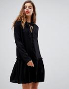 Asos Design Neck Tie Mini Smock Dress With Long Sleeves And Button Front-black