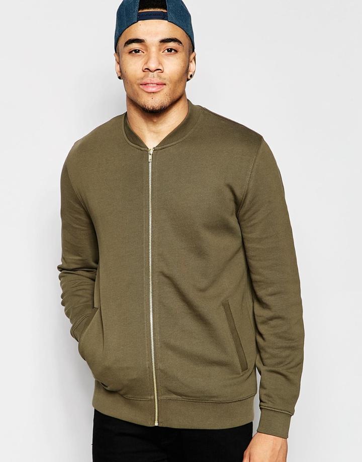 Asos Jersey Bomber Jacket In Khaki With Gold Zip - Battlefield