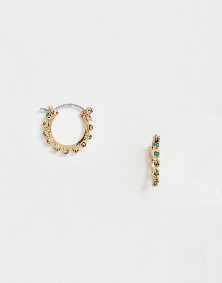 Asos Design Hoop Earrings With Colored Rhinestones In Gold Tone-green