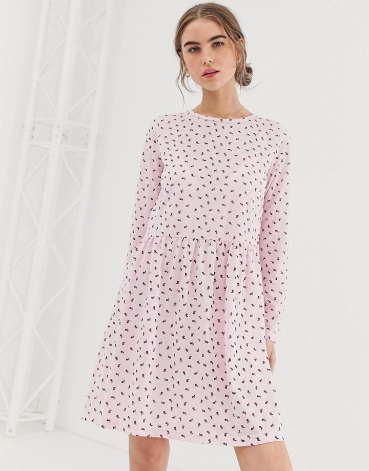 Daisy Street Long Sleeve Smock Dress In Ditsy Rose Print-pink