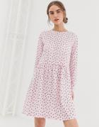 Daisy Street Long Sleeve Smock Dress In Ditsy Rose Print-pink