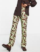 Asos Design Satin Flare Pants In Mint And Chocolate Swirl Print - Part Of A Set-green