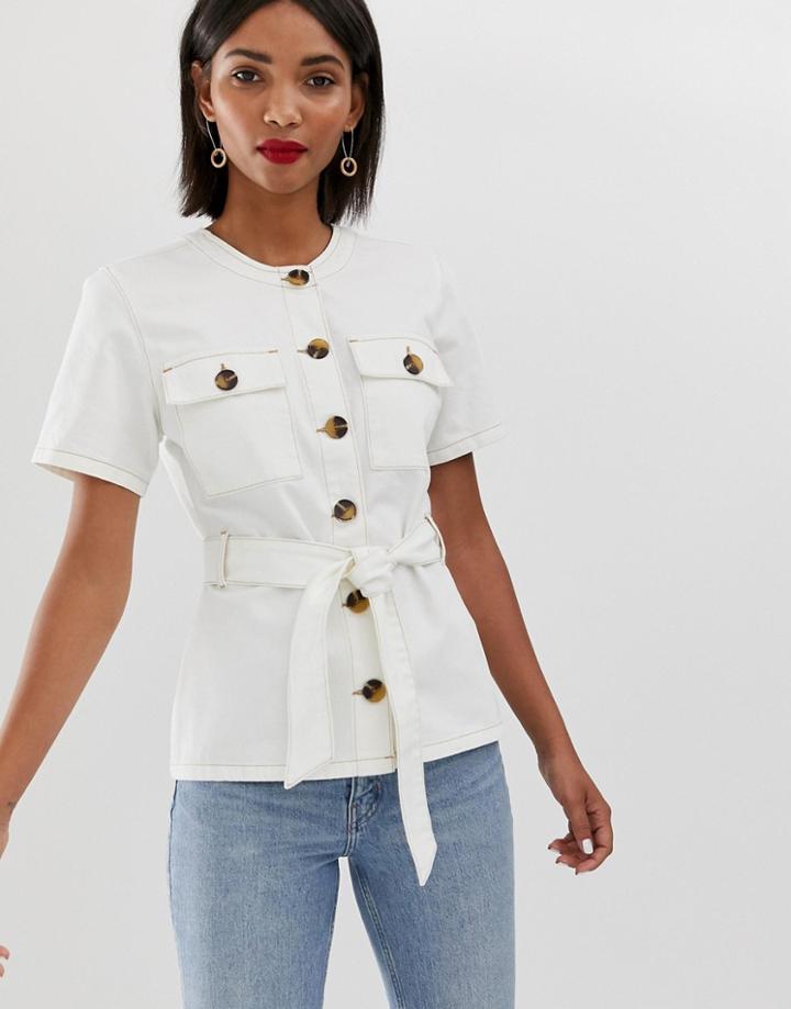 Asos Design Denim Pocket Detail Top With Belt - White