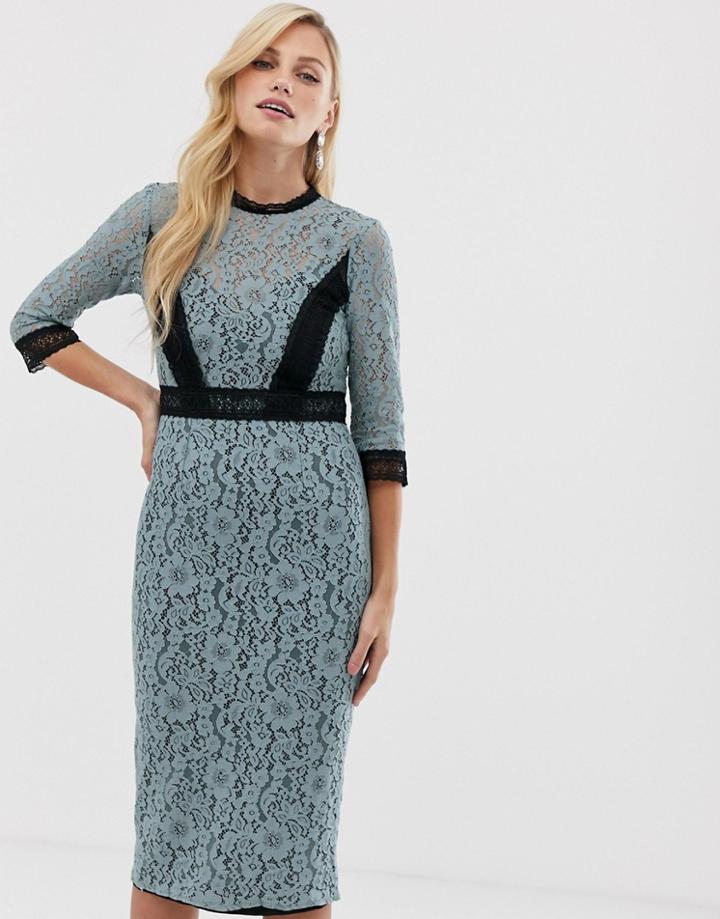 Little Mistress Long Sleeve Lace Contrast Trim Pencil Midi Dress-blue
