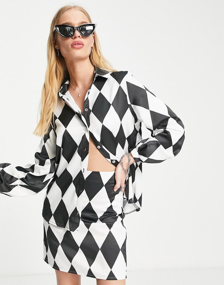 Twisted Wunder Oversized Shirt In Diamond Checkerboard - Part Of A Set-black