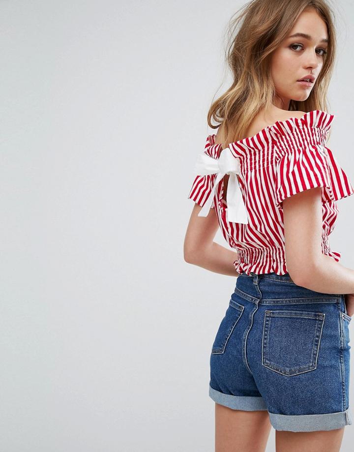 Pull & Bear Stripe Bow Back Detail Crop Top - Red