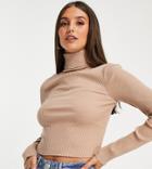 Asos Design Tall Roll Neck Crop Top In Rib In Sand-neutral