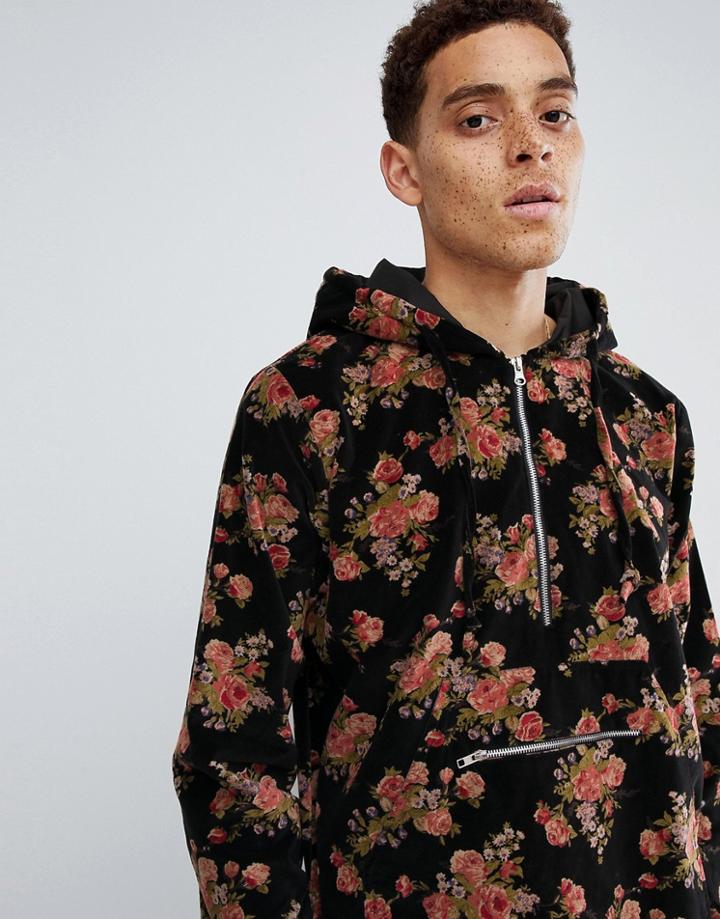 Profound Aesthetic Floral Half Zip Velvet Overhead Jacket In Black - Black