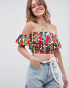 Asos Design Crop Off Shoulder Top With Ruffle Sleeve In Tropical - Multi