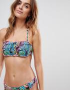 South Beach Tropical Leaf Print Shirred Bandeau Bikini Set - Multi