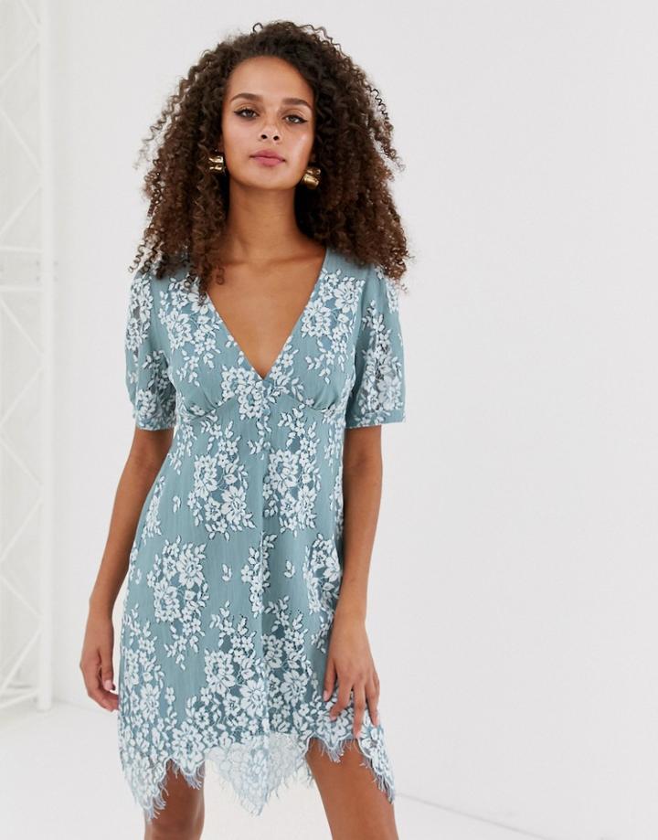 Asos Design Mini Button Through Lace Tea Dress - Blue