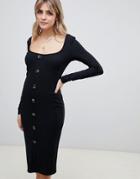 Boohoo Bodycon Rib Button Down Midi Dress In Black - Black